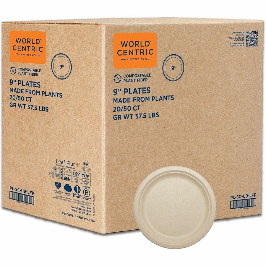 World Centric Compostable Fiber Plate - Food, Picnic, Party - 9' Diameter - Natural - Bamboo, Fiber Body - Round - 1000 / Carton 