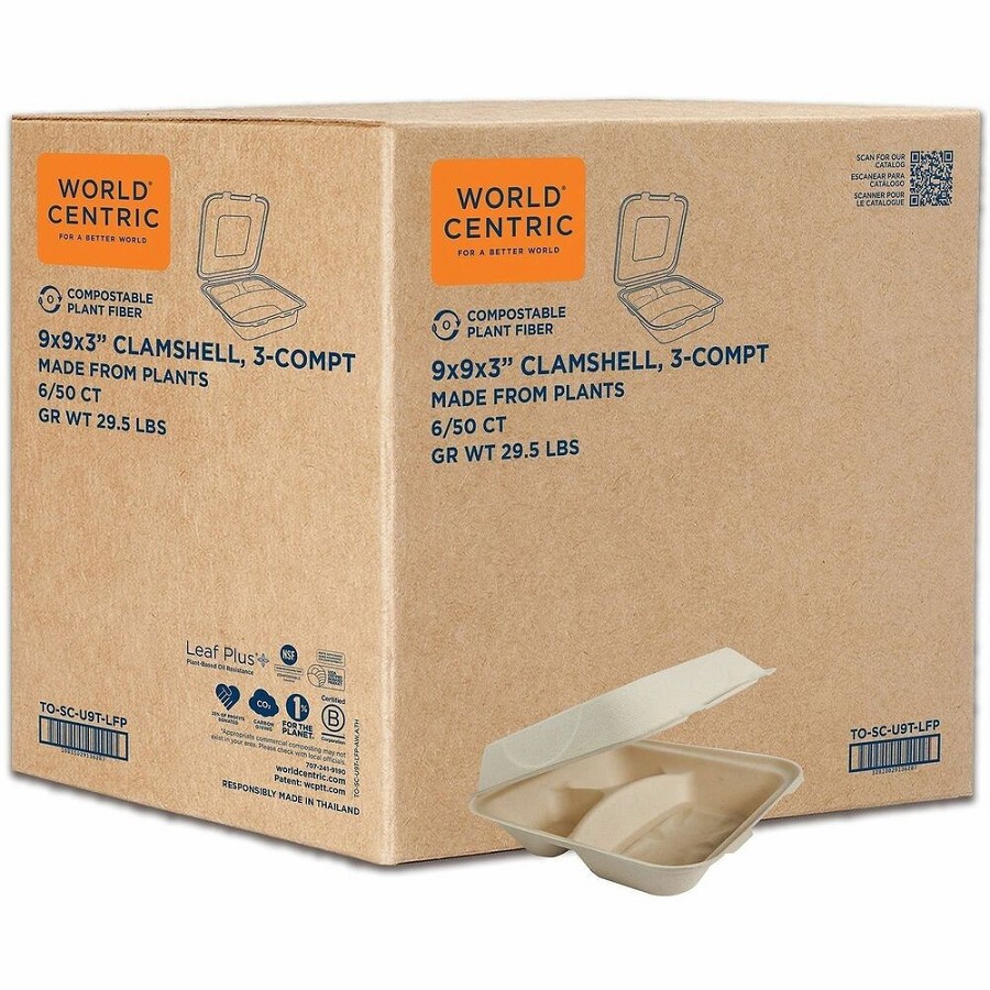 World Centric Compostable Fiber Hinged Containers - Food Storage, Food, Commercial - Natural - Fiber Body - 50/Pack - 6 / Carton 