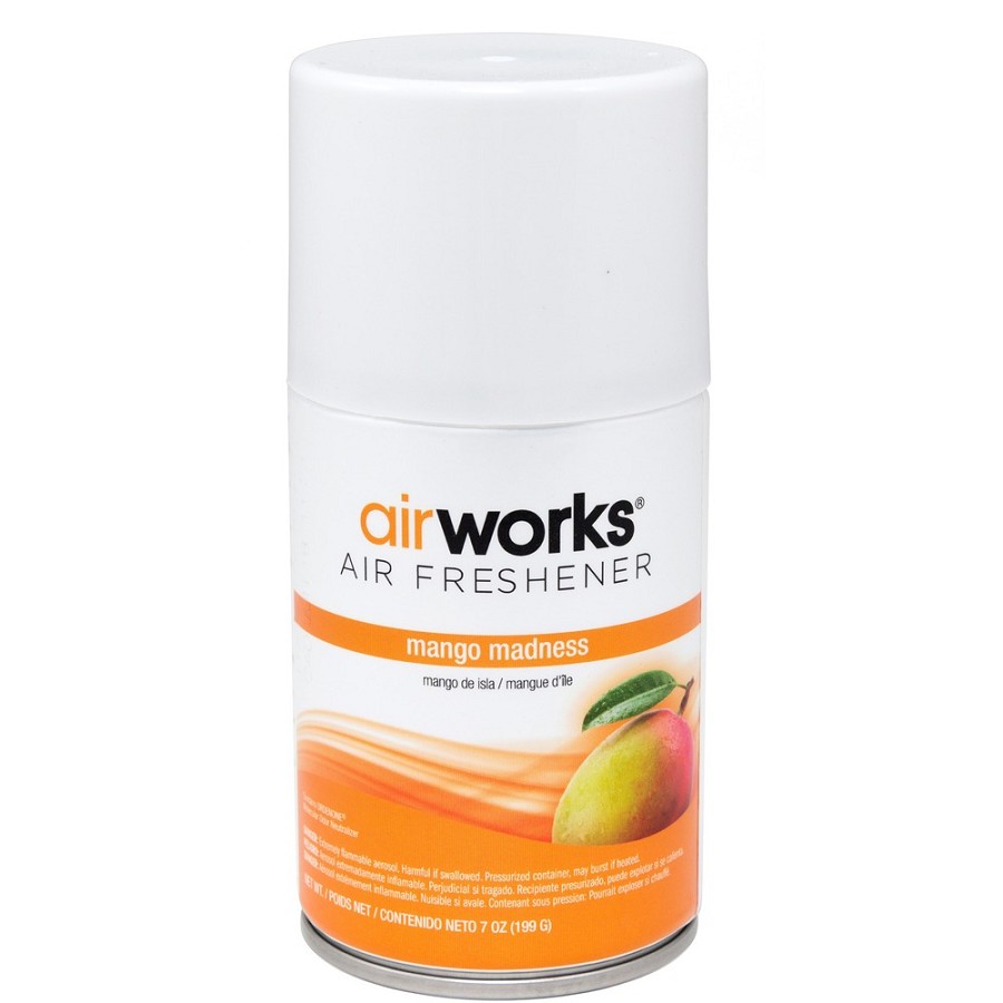 AirWorks Metered Aerosol Air Freshener, 12/cs - Mango Madness - Aerosol - 6000 ft³ - 7 fl oz (0.2 quart) - Mango Madness - 30 Day - Odor Neutralizer, Long Lasting, VOC Compliant - 12 / Carton 