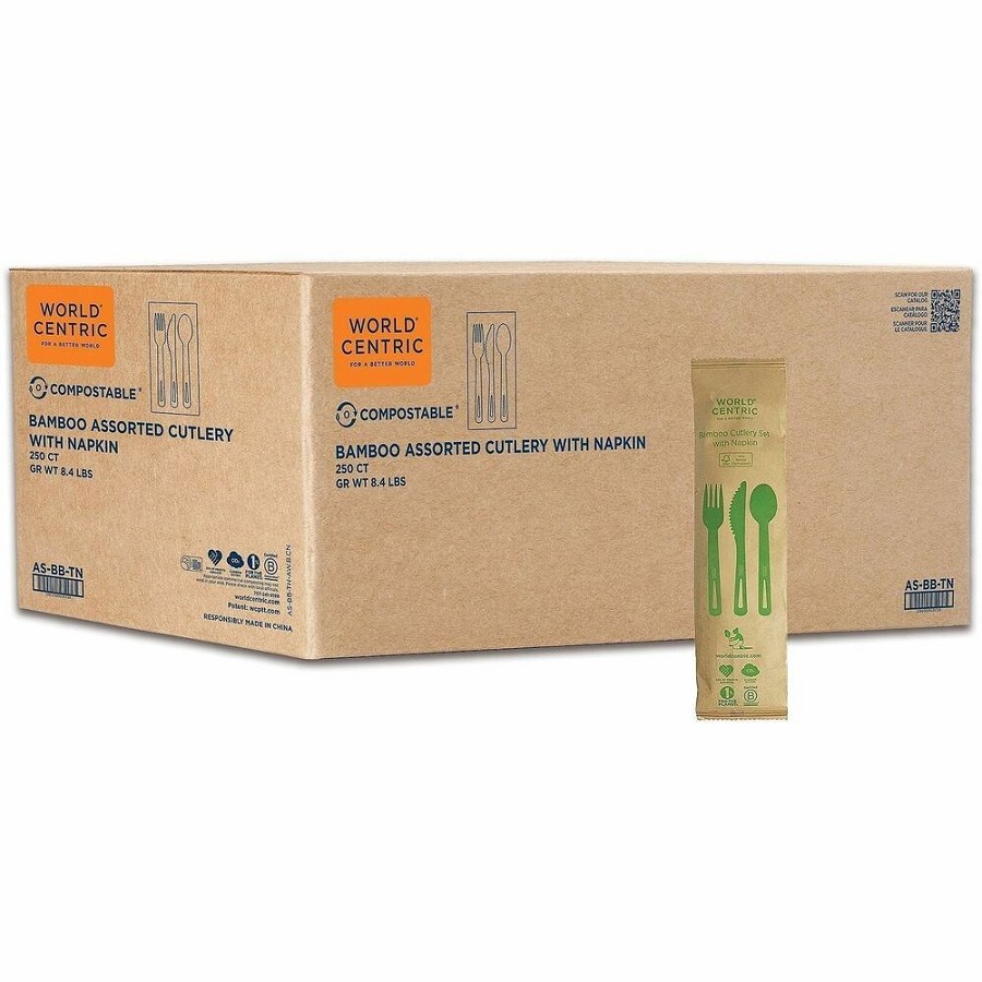 World Centric Compostable Bamboo Cutlery Set - Cutlery Set - Spoon - Fork - Knife - Food - Bamboo - Natural - 250 / Carton 