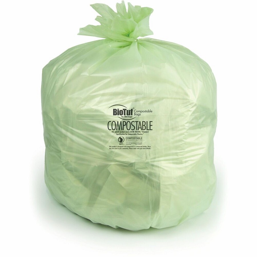 Heritage BioTuf Trash Bag - 64 gal Capacity - 47' Width x 60' Depth x 1 mil (25 Micron) Thickness - Green - Bioplast - Can, Food Waste, Industrial - 1 Carton 