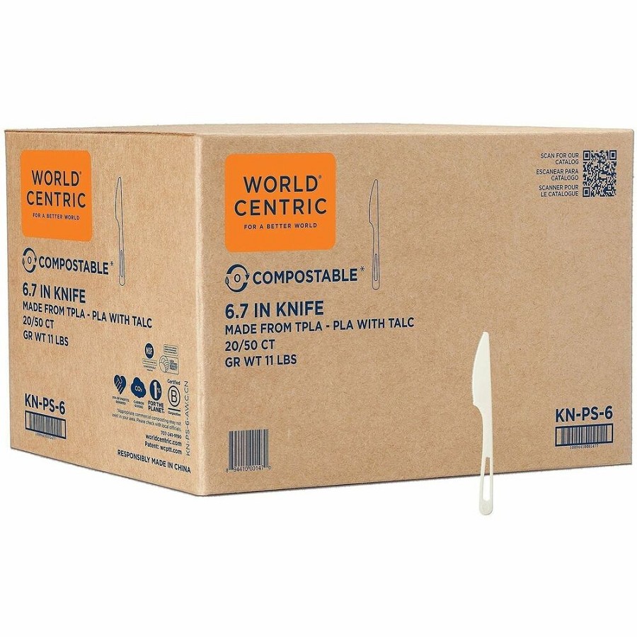 World Centric Compostable White Cutlery - Knife - Knife - Dishwasher Safe - Talc-filled Polylactic Acid (TPLA) - White - 50/Pack - 20 / Carton 