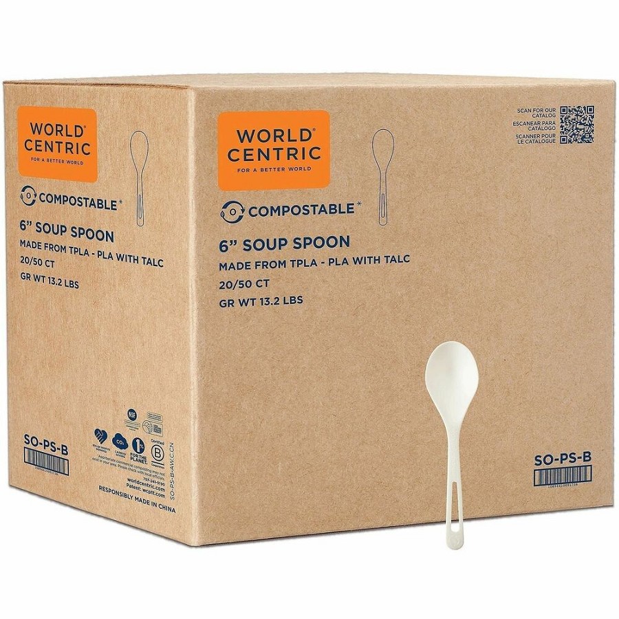 World Centric 6' TPLA Soup Spoons - Soup Spoon - Spoon - Food, Breakroom - Dishwasher Safe - Talc-filled Polylactic Acid (TPLA), Polylactic Acid (PLA) - Natural - 50/Pack - 2 / Carton 