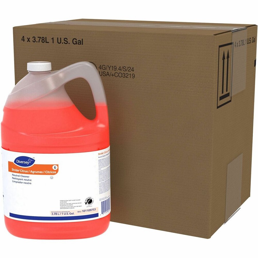Diversey Care Stride Citrus Neutral Cleaner - For Floor, Hard Surface - Concentrate - Liquid - 128 fl oz (4 quart) - Citrus Scent - pH Neutral, Non Alkaline, Film-free, Easy to Use, Low Foaming, Kosher, Versatile, Rinse-free - Orange Bottle - 4 / Carton 
