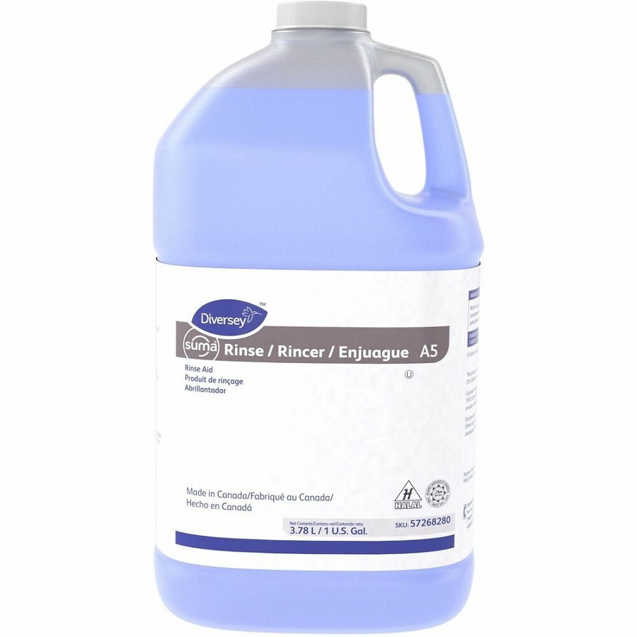 Suma Rinse A5 - For General Purpose, Dishwasher, Dish - Liquid - 128 fl oz (4 quart) - 7.1 to 7.42 pH - Surfactant Scent - Kosher, Low Foaming, Streak-free, Quick Drying - Blue - 4 / Carton 