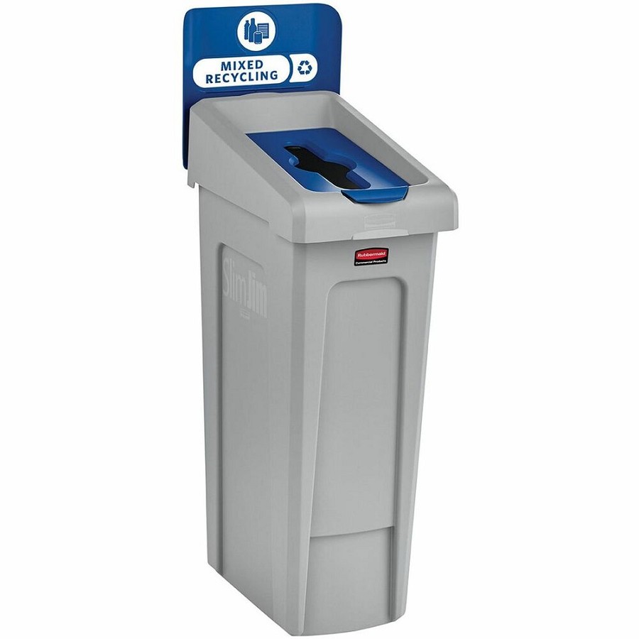 Rubbermaid Commercial Slim Jim Recycling Station 1-Stream Mixed Recycling, 23 Gal - 23 gal Capacity - For Commercial - Durable, Recyclable - 40.2' Height x 12' Width x 15.2' Depth - Resin - Gray, Blue - 1 Each 
