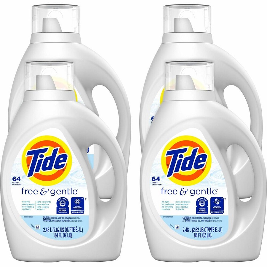 Tide Free & Gentle Detergent - For Laundry, Clothes, Washing Machine - Liquid - 84 fl oz (2.6 quart) - Hypoallergenic, Dye-free, Lead-free, Phosphate-free - White - 4 / Carton 