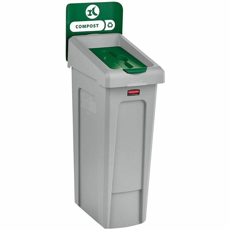 Rubbermaid Commercial Slim Jim Recycling Station 1-Stream Compost, 23 Gal - 23 gal Capacity - For Commercial - Durable, Recyclable - 40.2' Height x 12' Width x 15.2' Depth - Resin - Gray, Green - 1 Each 