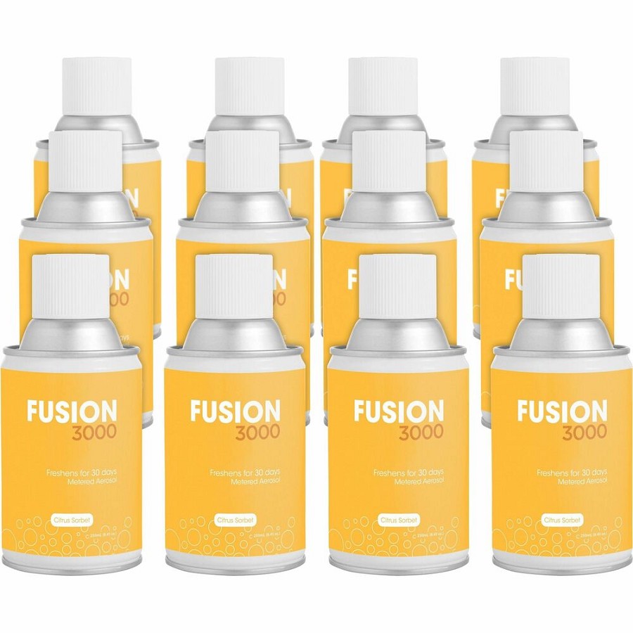 Fresh Products Fusion 3000 Metered Aerosols - 6000 ft³ - Citrus Sorbet - 30 Day - Odor Neutralizer, VOC Compliant - 12 / Carton 