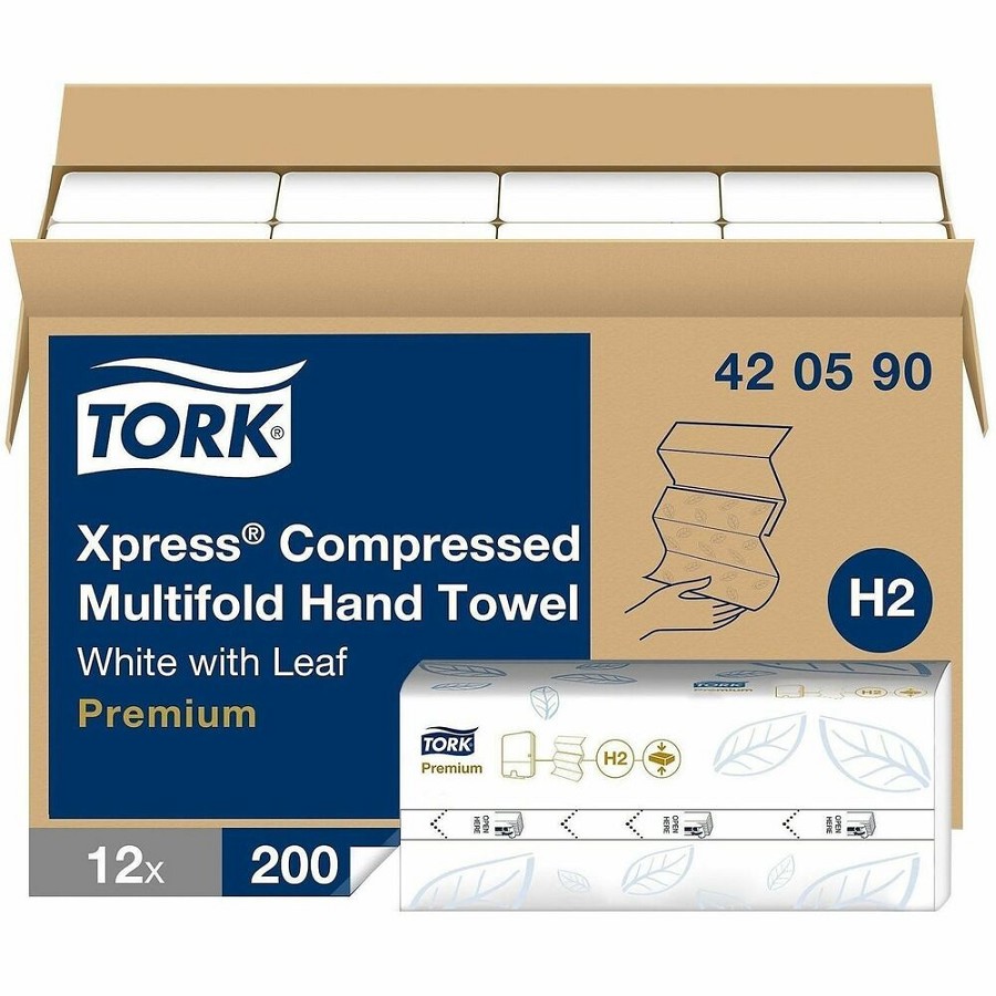 TORK Xpress Compressed Multifold Hand Towel White H2 - 1 Ply - Multifold - 8.30' Width x 9.50' Length - Leaf-Printed - White - Paper, Wood Fiber, Virgin Fiber - 200 Sheets - 12 Pack 