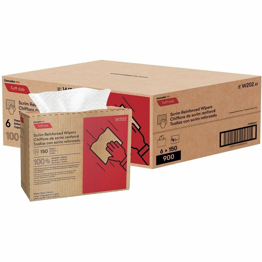 Cascades PRO Tuff-Job Interfold Wipers, 4-Ply, White, 150 sheets, 6 packs/pack - 4 Ply - Interfolded - 9.75' Width x 16.75' Length - White - Polyester - 6 / Carton 