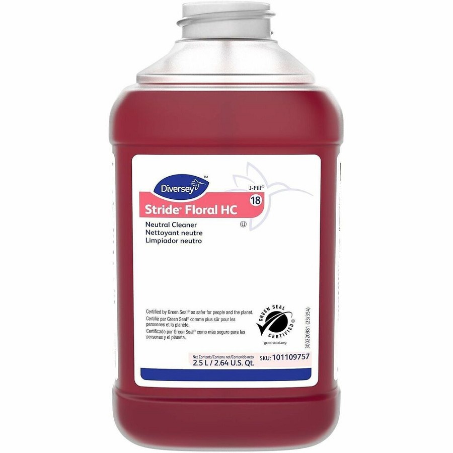 Diversey Stride Neutral Concentrated Cleaner - For Floor - Concentrate - Liquid - 84.5 fl oz (2.6 quart) - 7.5 pH - Floral Scent - Non Alkaline, Film-free, Low Foaming, Kosher, Rinse-free - Red - 2 / Carton 
