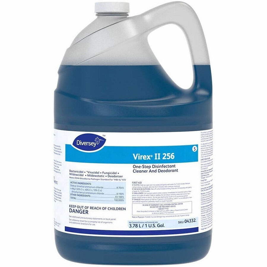 Diversey Virex II 1-Step Disinfectant Cleaner - For Multi Surface - Concentrate - Liquid - 128 fl oz (4 quart) - Minty Scent - Recommended For: Odor Remover - Deodorant, Disinfectant, Bactericide, Virucidal, Fungicide - Blue - 4 / Carton 
