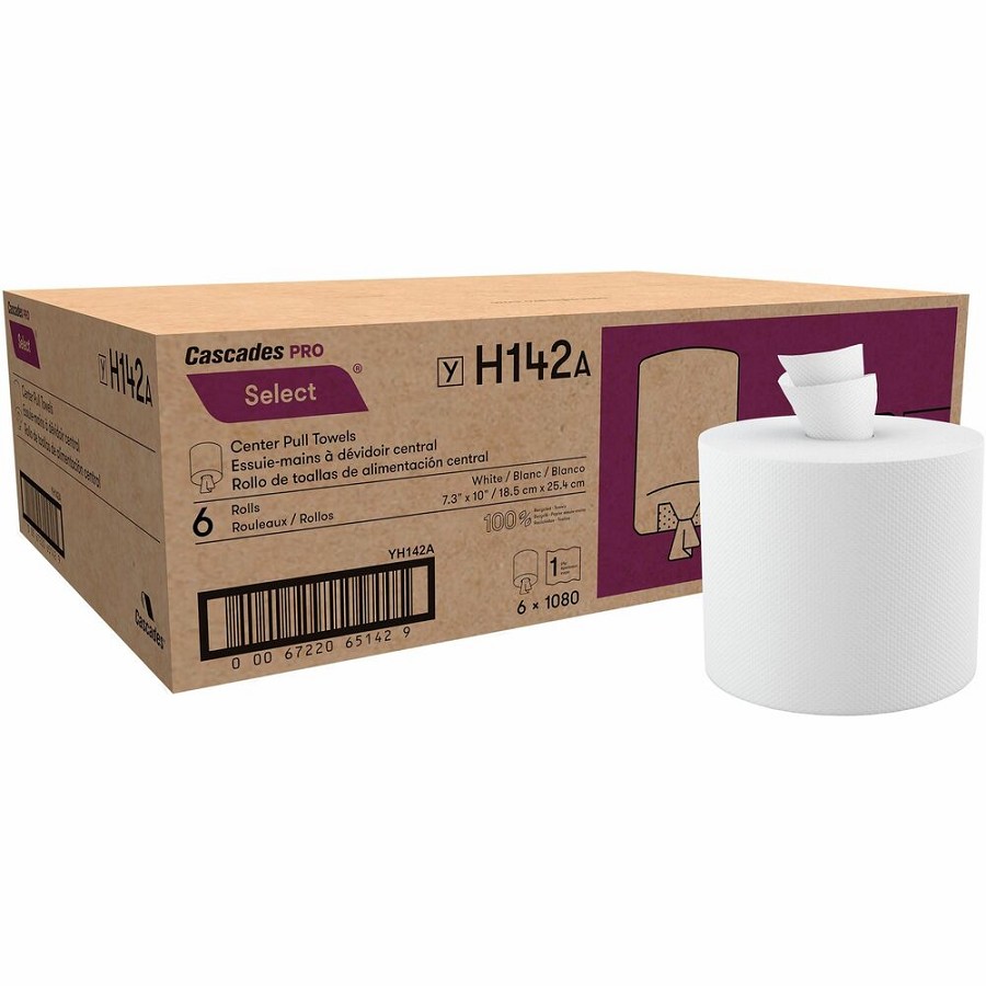 Cascades PRO Select Centerpull Hand Towels - 1 Ply - 7.30' Width x 10' Length - 1080 Sheets/Roll - 7.75' Roll Diameter - 2 1/4' Core - White - Fiber - 6 / Carton 