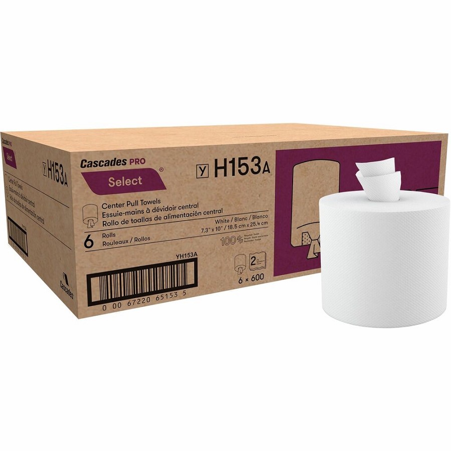 Cascades PRO Select Centerpull Hand Towels - 2 Ply - 7.30' Width x 10' Length - 600 Sheets/Roll - 7.75' Roll Diameter - 2 1/4' Core - White - Fiber - 6 / Carton 