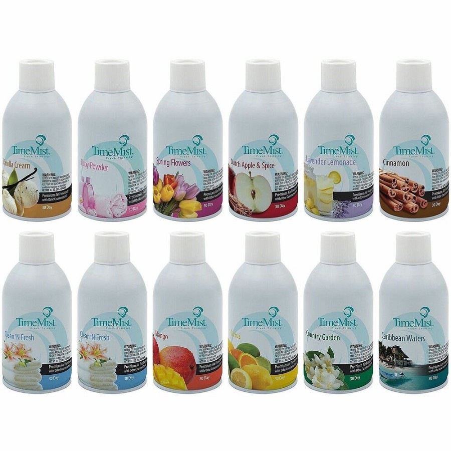 TimeMist Air Freshener Assortment - Clean and Fresh, Mango, Citrus, Country Garden, Caribbean Waters, Vanilla, Lavender Lemonade, Dutch Apple/Spice, Spring Flower, Baby Powder, Cinnamon - 30 Day - Long Lasting, Odor Neutralizer - 12 / Carton 