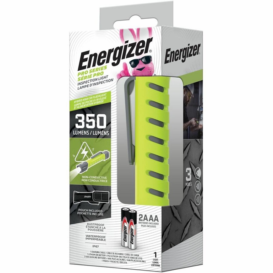 Energizer Hybrid Pro Handheld Inspection Light - LED - 350 lm Lumen - AAA - Battery Rechargeable - Battery - Water Proof, Dust Proof - Green, Gray - 1 Each 