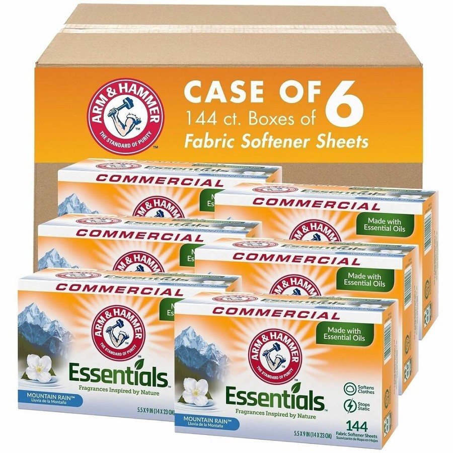 Arm & Hammer Essentials Fabric Softener Sheets - For Laundry, Clothes - Sheet - Mountain Rain Scent - Anti-static, Pleasant Scent, Long Lasting, Machine Washable - White - 144 Sheets/Box - 6 / Carton 