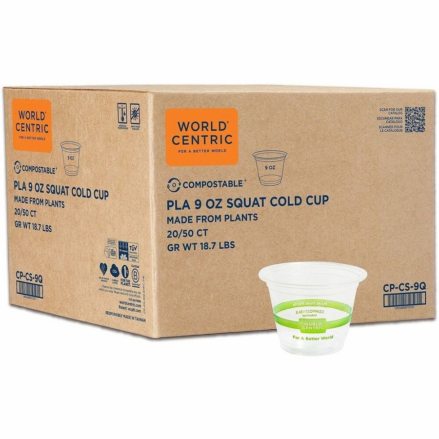 World Centric Compostable Squat Clear Cold Cups - 9 fl oz - Clear - Polylactic Acid (PLA), Plastic - Cold, Beverage, Iced Tea, Iced Coffee, Smoothie, Water, Cafe, Restaurant - 1000 / Carton 