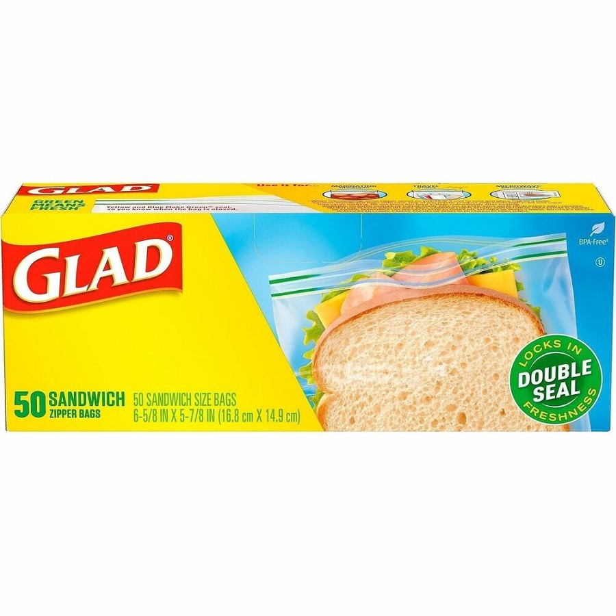 Glad Food Storage Zipper Bags - Sandwich Size - 5.87' Length x 6.62' Width - Zipper, Seal Closure - Yellow - Plastic - Food, Storage, Packaging, Home, Office, Marinating, Sandwich, Snack - 50 Bags/Box - 12 / Carton 