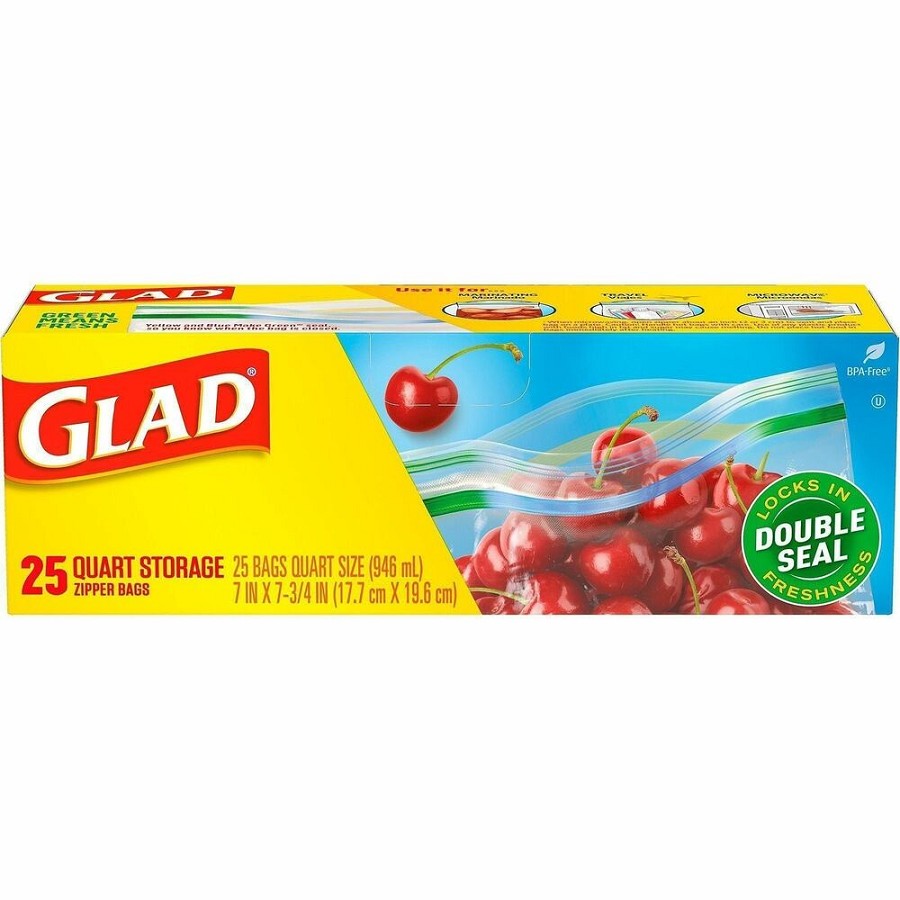 Glad Food Storage Zipper Bags - 7.75' Length x 7' Width - Zipper Closure - Yellow - Plastic - Food, Storage, Packaging, Home, Office, Marinating - 25/Box - 12 / Carton 