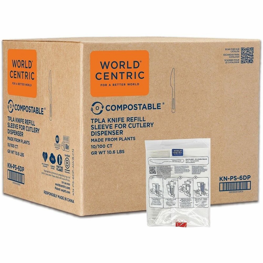 World Centric Compostable White Utensil Refill Sleeves - Knife - Knife - Cafeteria, Breakroom - Talc-filled Polylactic Acid (TPLA) - Light Beige, White - 1000 / Carton 