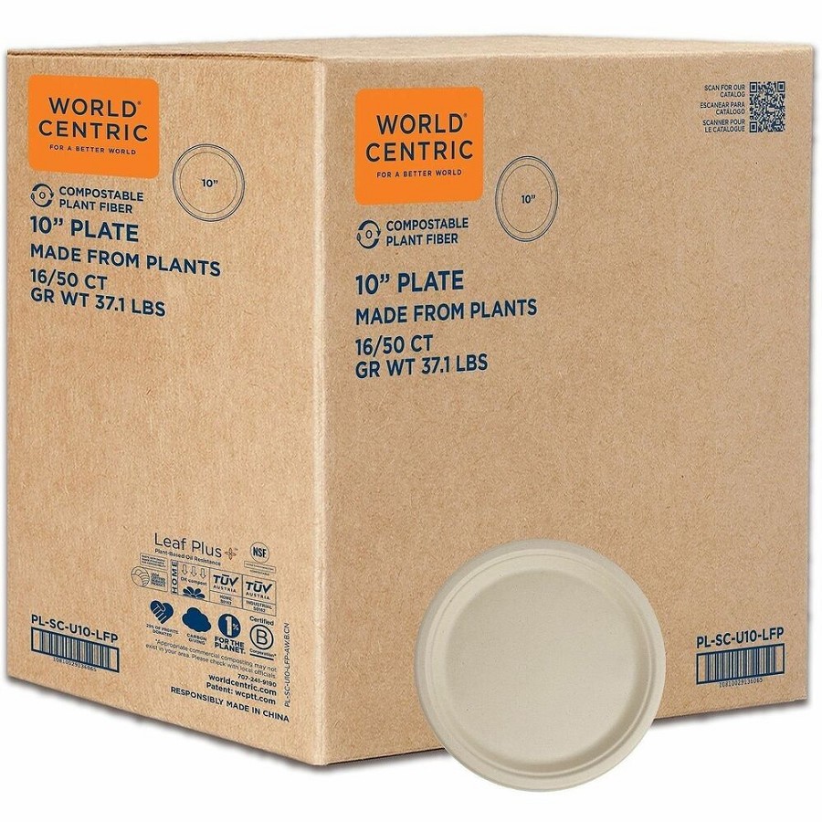World Centric Compostable Fiber Plate - Food, Picnic, Party - 10' Diameter - Natural - Bamboo, Fiber Body - Round - 800 / Carton 
