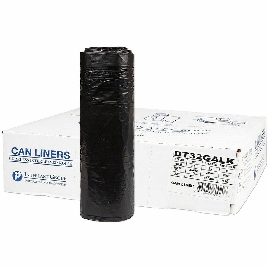 Inteplast Draw-Tuff Draw Tape Can Liners - 32 gal Capacity - 38' Length x 33' Width x 0.80 mil (20 Micron) Thickness - Drawstring Closure - Black - Garbage, Can Liner 