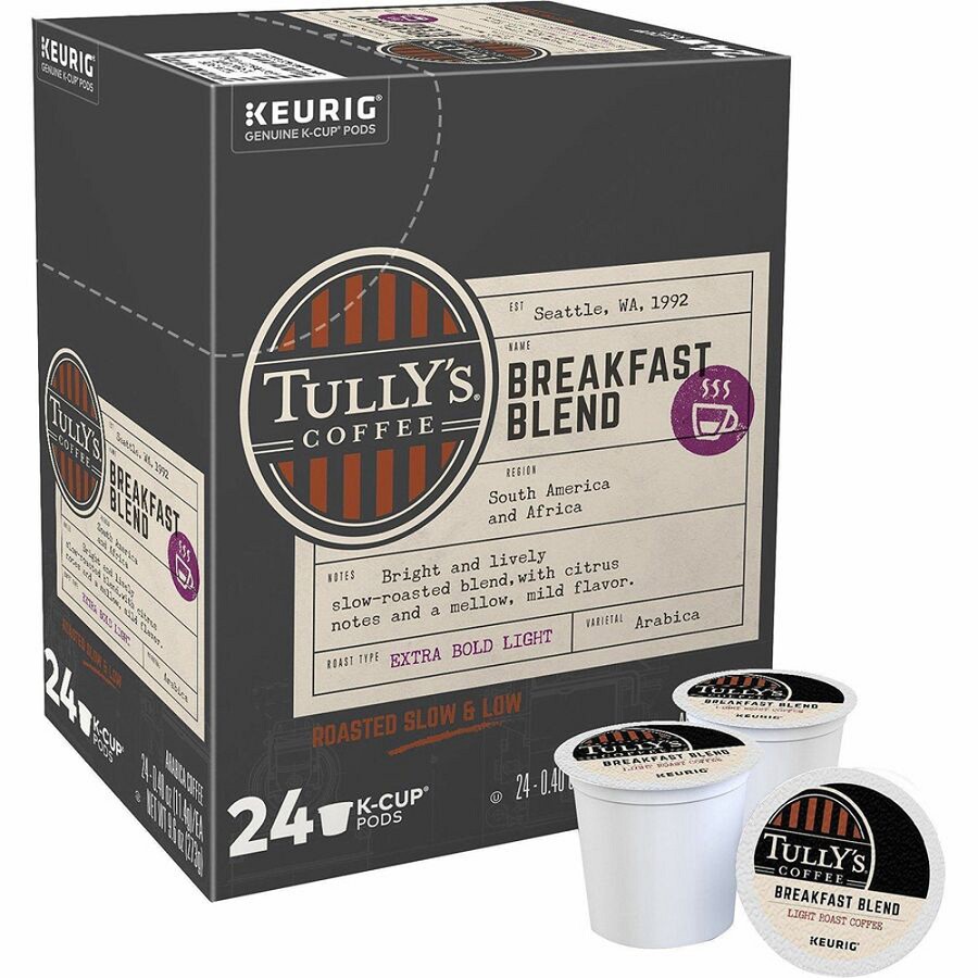 Tully's K-Cup Breakfast Blend Coffee - Compatible with Keurig Brewer - Light - K-Cup - Breakfast Blend - 24/Box - 4 / Carton 