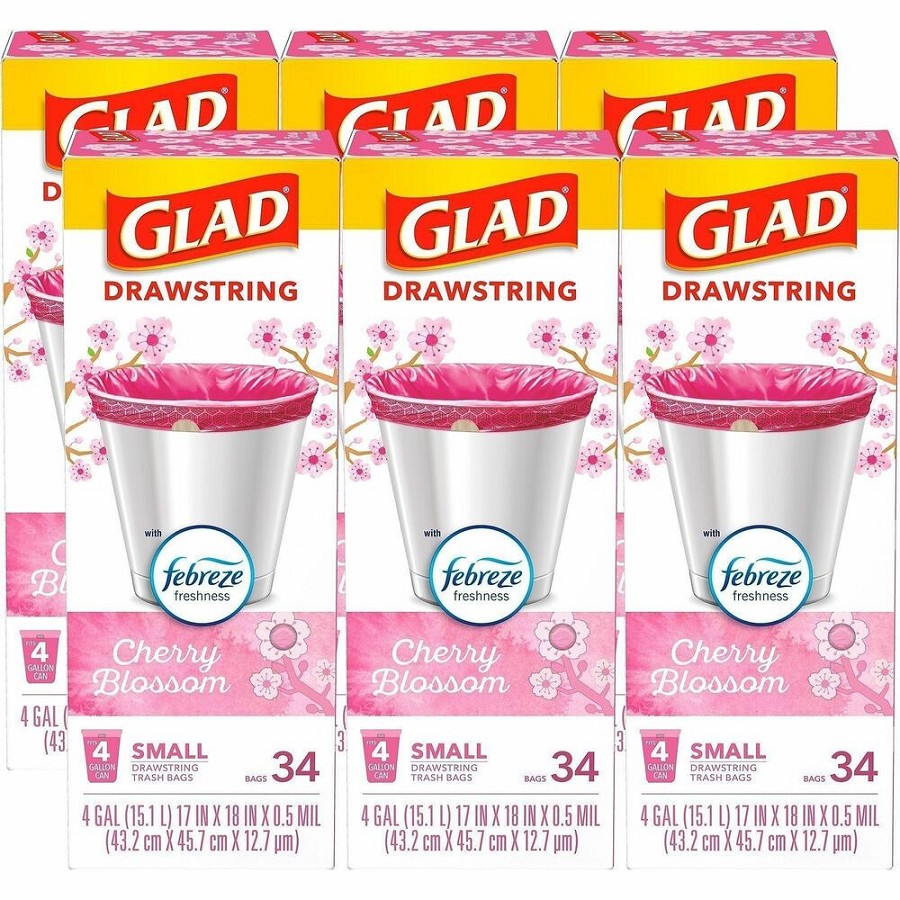Glad Odorshield Small Drawstring Trash Bags - Cherry Blossom - Small Size - 4 gal Capacity - 18' Length x 17' Width - Drawstring Closure - Pink - Garbage, Kitchen, Bedroom, Bathroom - 34/Box - 6 / Carton 