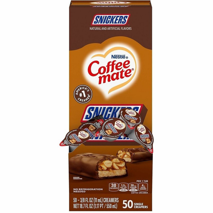Coffee mate Creamer Snickers Flavor Singles - Chocolate, Nut, Caramel, Snickers Flavor - 0.38 fl oz (11 mL) - 1 Serving - 50 Singles/Box - 4 / Carton 