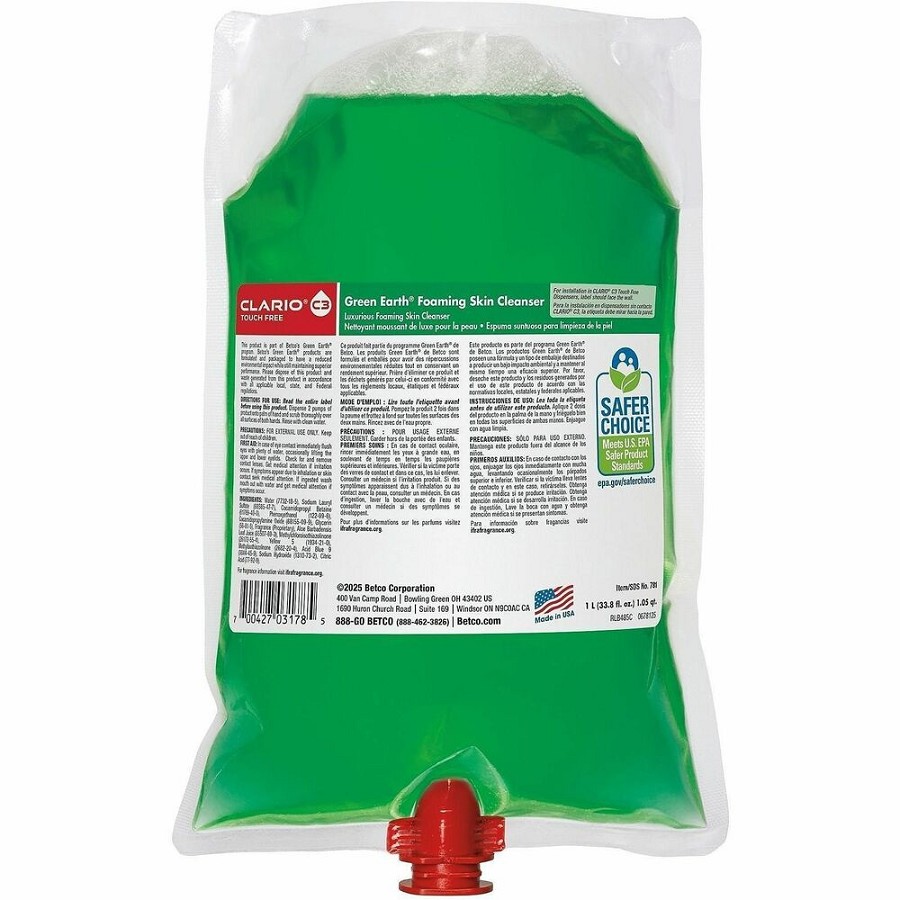 Green Earth Betco Corp Green Earth' Foaming Skin Cleanser Clario C3 Refills - Foam - 1.06 quart - Fresh Meadow - Applicable on Hand - Skin - Non-irritating, Moisturising, Gentle - 1 Each 