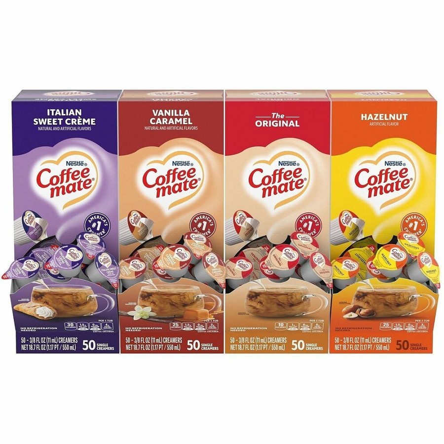 Coffee mate Liquid Creamer Singles - Original, Hazelnut, Italian Sweet Creme, Vanilla Caramel Flavor - 1 Serving - 1 Carton 