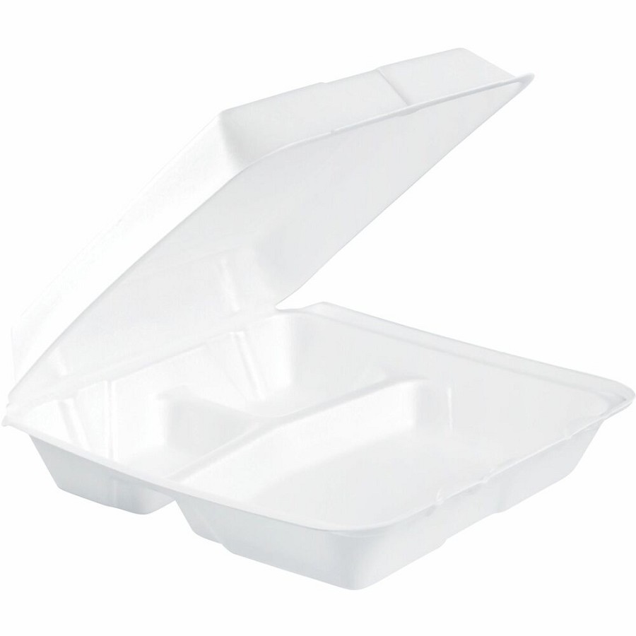 Dart 9-1/2' Triple-Compartment Foam Containers - White - Foam Body - 100/Pack - 2 / Carton 