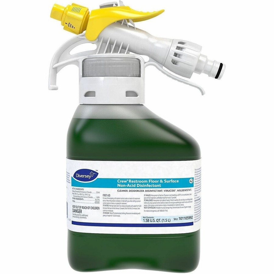Diversey Restroom Floor&Surface Disinfectant - For Multi Surface, Multipurpose - Concentrate - Spray, Liquid - 50.7 fl oz (1.6 quart) - 6 to 8 pH - Fresh Scent - Deodorize, Disinfectant, Rinse-free, Virucidal, Mildewstatic - Green - 2 / Carton 