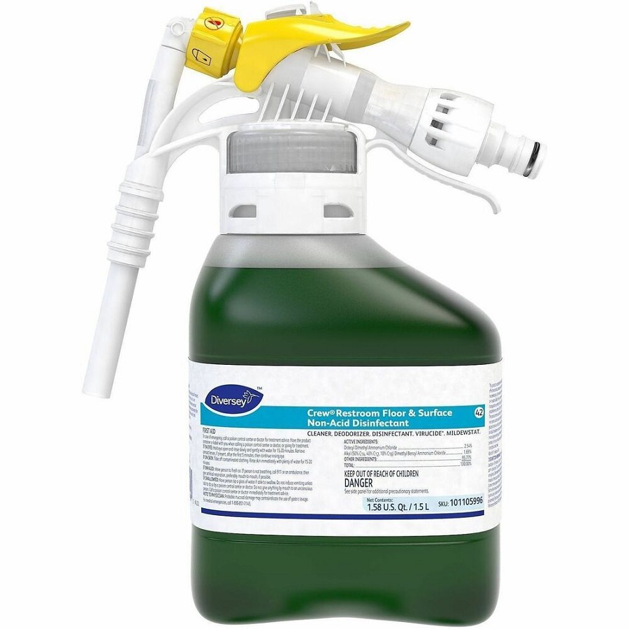 Diversey Crew Restroom Floor & Surface Non-Acid Disinfectant - For Multi Surface, Multipurpose - Concentrate - Liquid - 50.7 fl oz (1.6 quart) - 6 to 8 pH - Fresh Scent - Deodorize, Disinfectant, Rinse-free, Virucidal, Mildewstatic - Green - 2 / Carton 