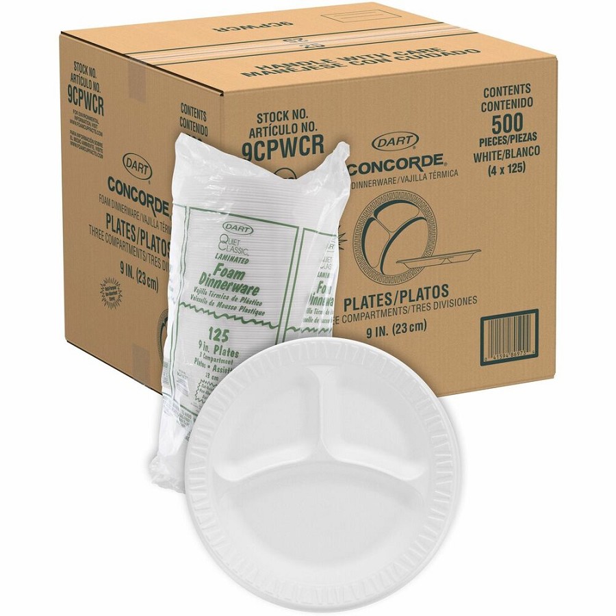 Dart Concorde 9' Nonlaminated Foam 3-Compartment Plates - 9' Diameter - White - Foam, Plastic Body - 125/Pack - 4 / Carton 