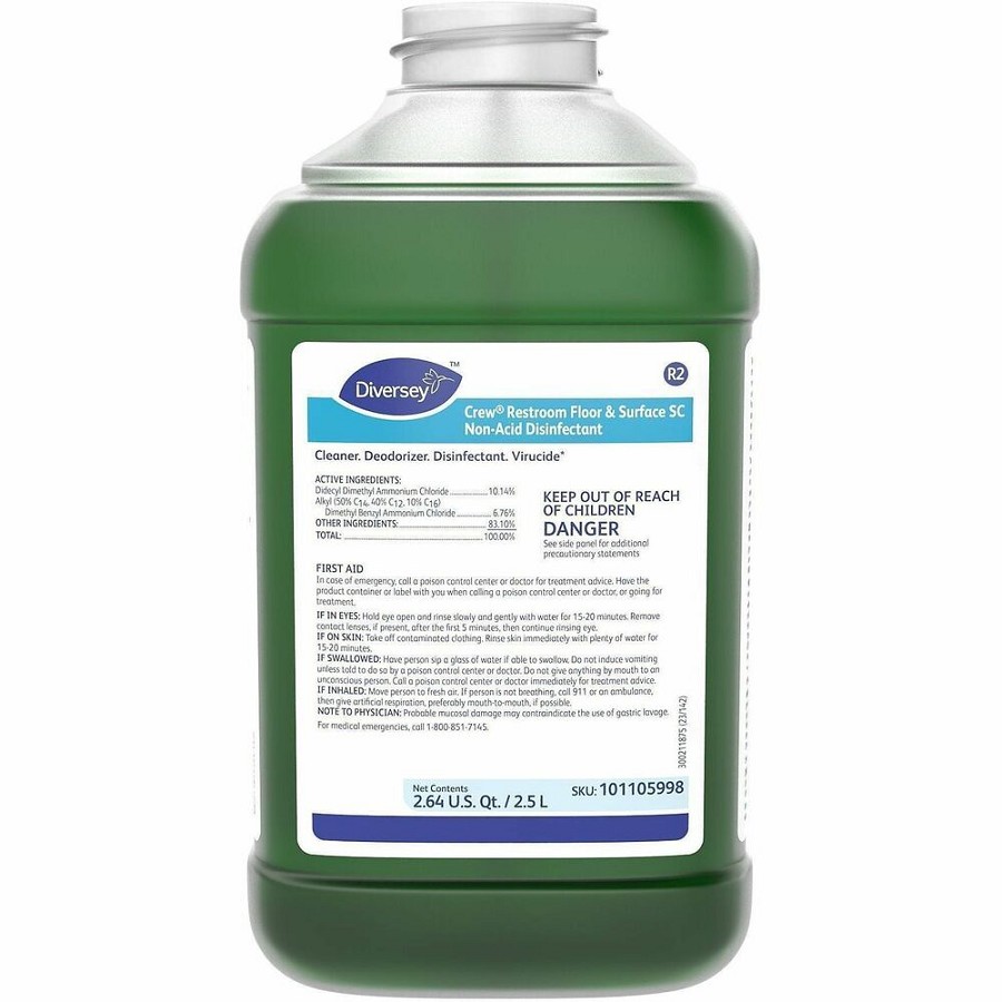 Diversey Crew Restroom Disinfectant Cleaner - For Multi Surface, Multipurpose - Concentrate - Liquid - 84.5 fl oz (2.6 quart) - 6 to 8 pH - Fresh Scent - Recommended For: Virus Remover, Odor Remover - Deodorize, Disinfectant, Rinse-free, Virucidal - Green 