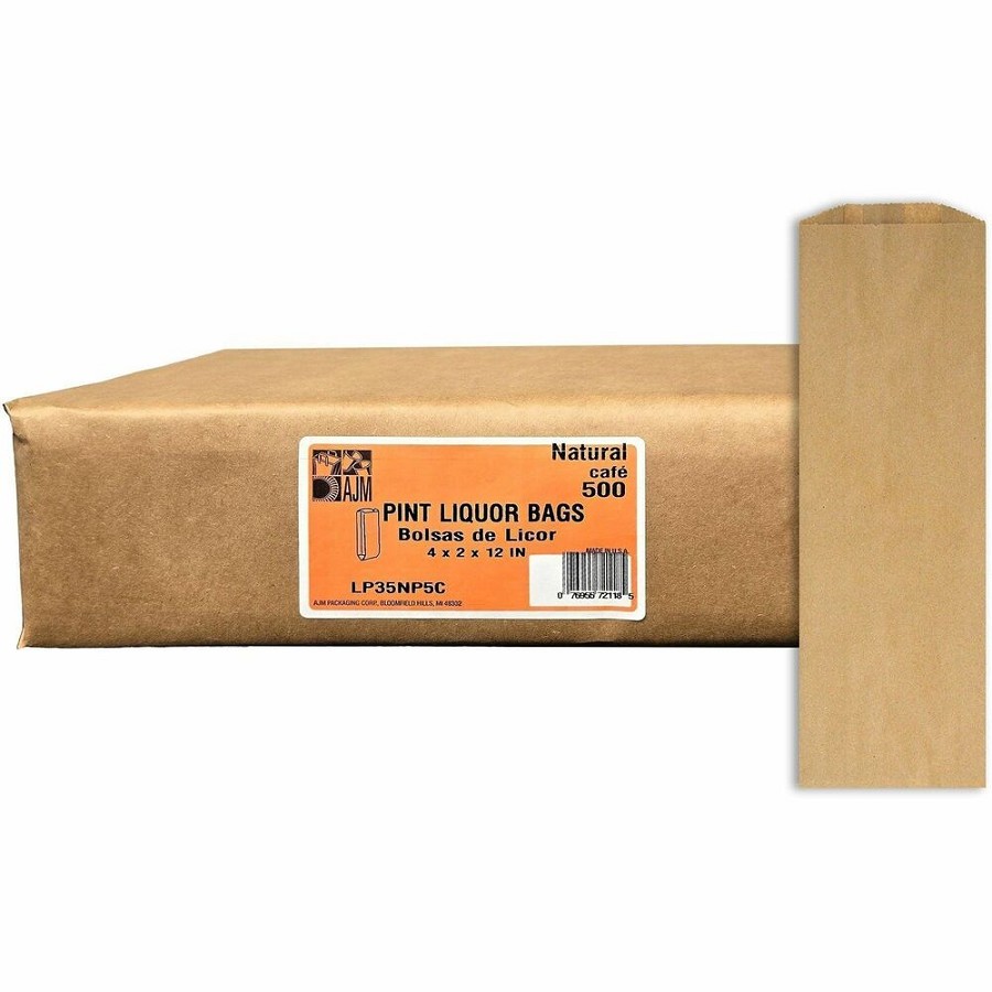 AJM Pint-Size Liquor Bags - Natural Kraft - Paper - Bottle, Supplies - Recycled - 500 / Carton 