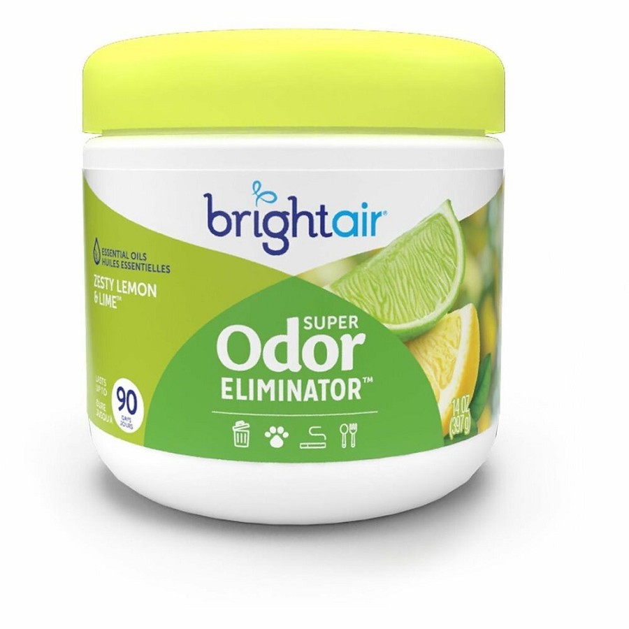 Bright Air Super Odor Eliminator Air Freshener - Gel - 14 fl oz (0.4 quart) - Zesty Lemon & Lime - 90 Day - Odor Neutralizer, Phthalate-free, Triclosan-free, BHT Free, Cruelty-free - 6 / Carton 