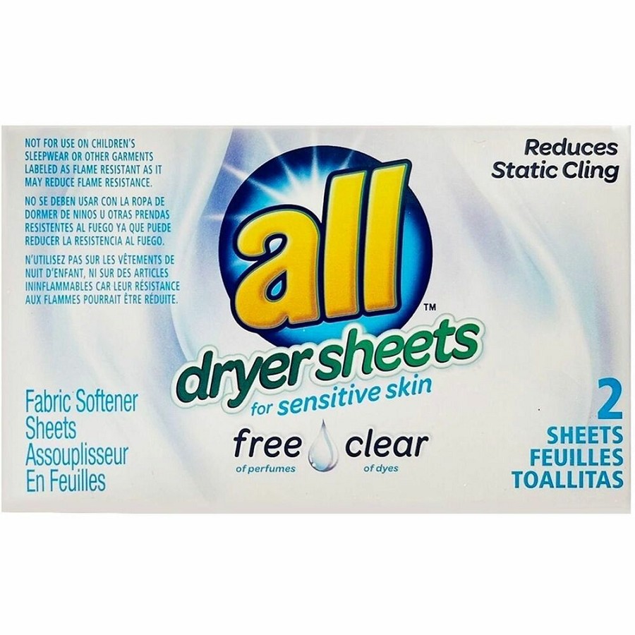 All free & clear Single-Use Dryer Sheets - For Multipurpose - Sheet - 1 Loads - Recommended For: Lint Remover, Static Cling Remover - Wrinkle-free, Scent-free, Dye-free, Skin-friendly - White - 2 Sheets/Box - 100 Box 