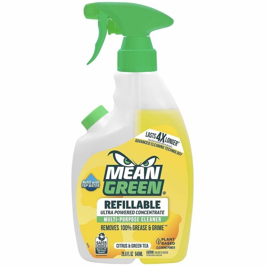 Mean Green Refillable Bathroom Cleaner - For Multi Surface, Multipurpose - Concentrate - Spray, Liquid - 28.6 fl oz (0.9 quart) - Citrus & Green Tea Scent - Recommended For: Grease Remover, Grime Remover - Bleach-free, Refillable, Residue-free - Yellow - 