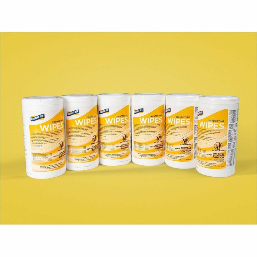 Genuine Joe Broad-Spectrum Disinfectant Wipes - For Multi Surface - Wipe - Lemon Scent - Recommended For: Bacteria Remover, Virus Remover - Yellow - 75 Wipes/Tub - 6 / Carton 