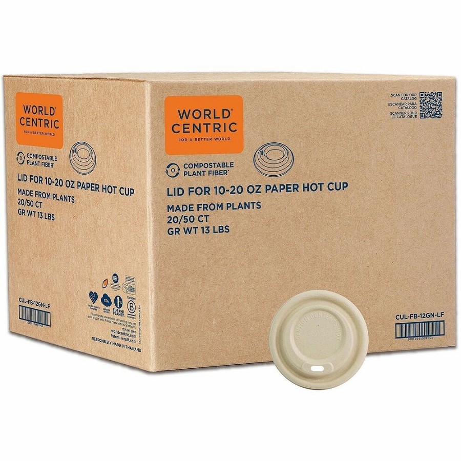World Centric Compostable Fiber Sip Lids for Hot Cups - Plant Fiber - Natural - 50 Lids/Pack - 20 / Carton 