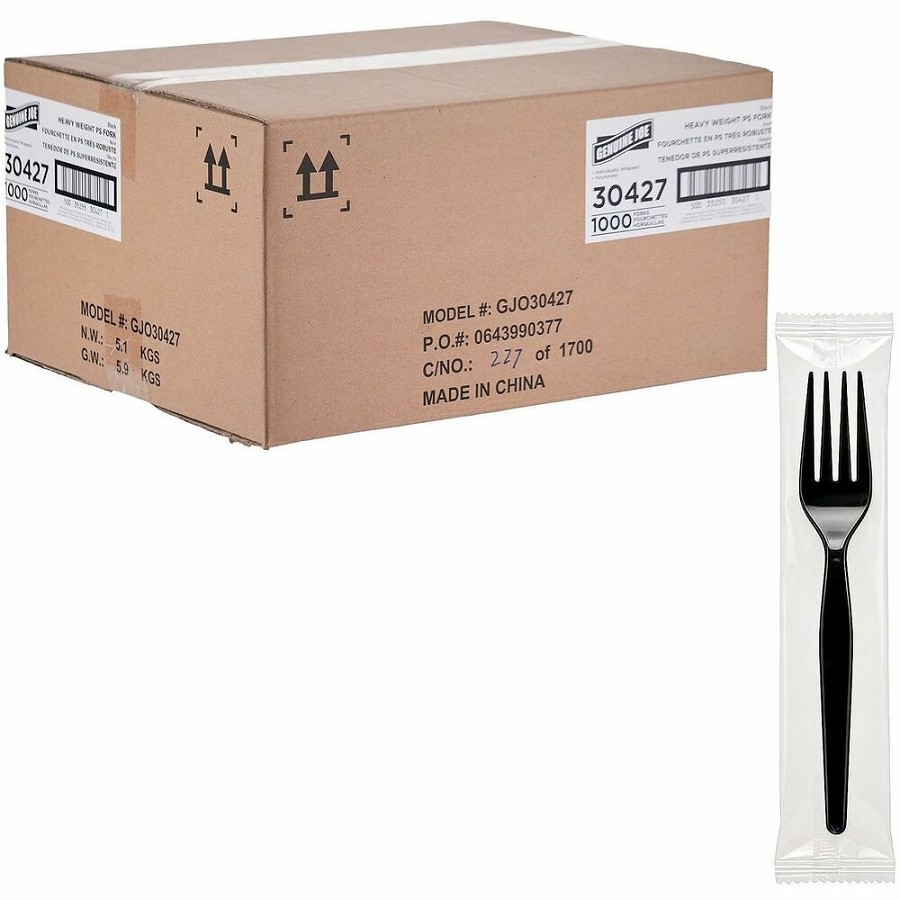 Genuine Joe Disposable Polystyrene Cutlery - Fork - Fork - Food, Cafeteria, Breakroom - Disposable - Polystyrene - Black - 1 Carton 