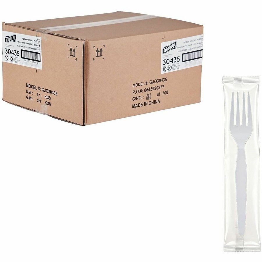 Genuine Joe Disposable Polystyrene Cutlery - Fork - Fork - Food, Cafeteria, Breakroom - Disposable - Polystyrene - White - 1 Carton 