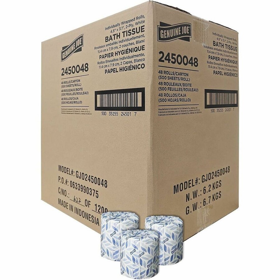 Genuine Joe 2-Ply Bathroom Tissue - 2 Ply - 500 Sheets/Roll - White - 1 Carton 