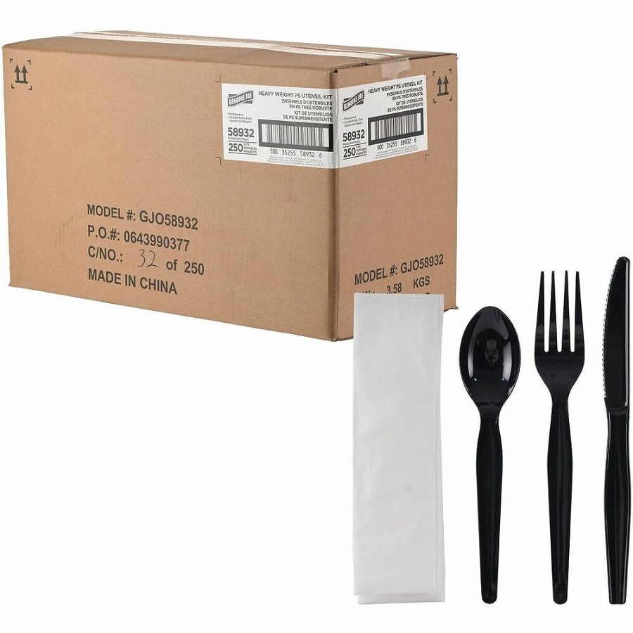 Genuine Joe 4-Piece Heavyweight Utensil Kit - 4 Piece(s) - Cutlery Set - Spoon - Fork - Knife - Breakroom - Disposable - Polystyrene - Black - 1 Carton 