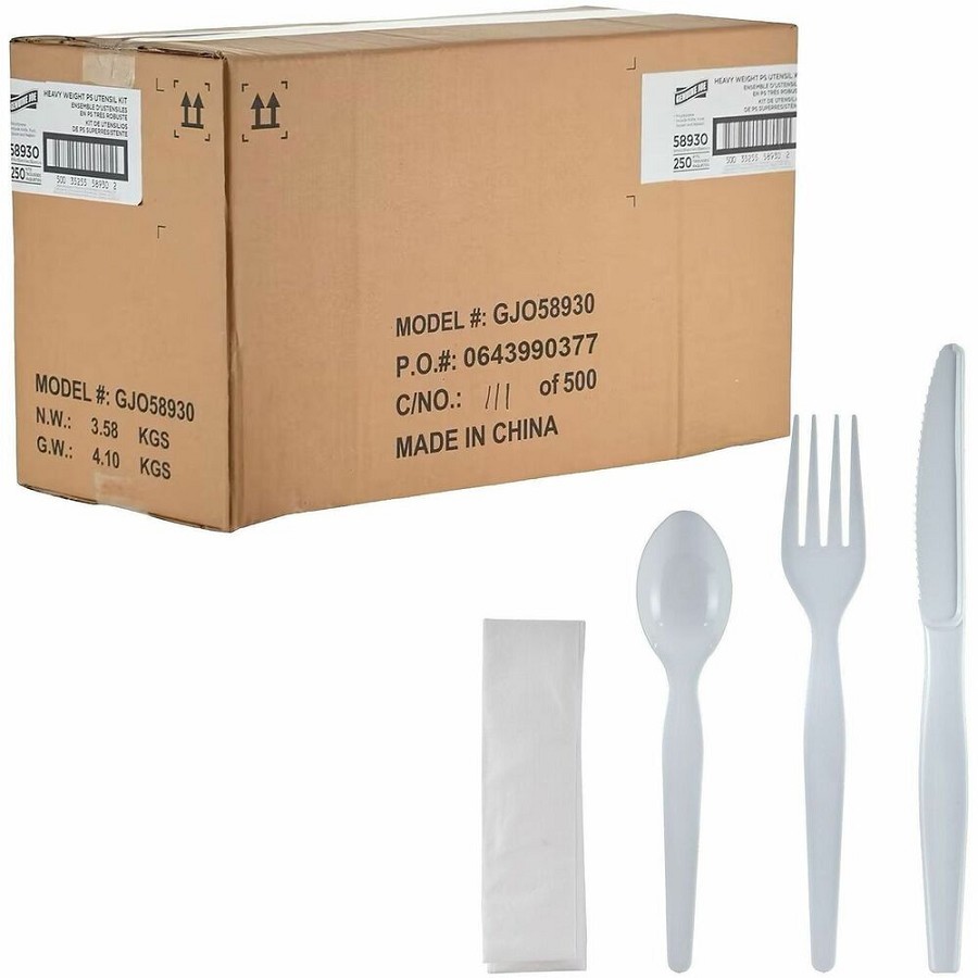Genuine Joe 4-Piece Heavyweight Utensil Kit - 4 Piece(s) - Cutlery Set - Spoon - Fork - Knife - Breakroom - Disposable - Polystyrene - White - 1 Carton 