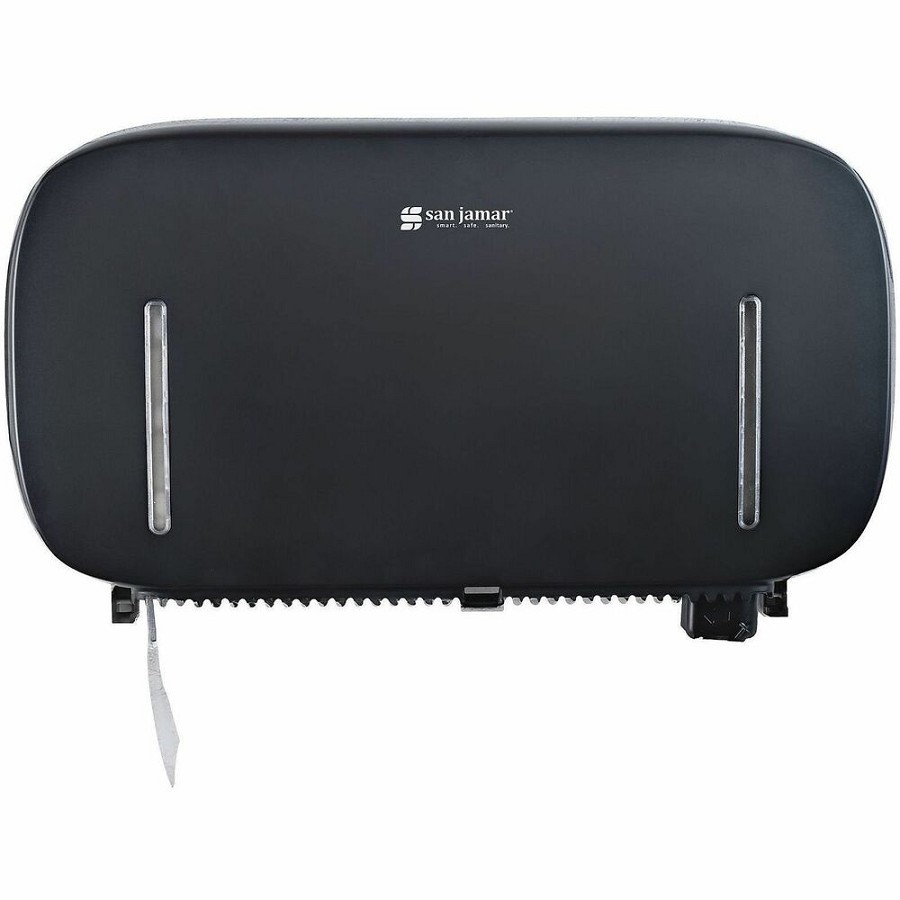 San Jamar Timeless Twin-Roll Bathroom Tissue Dispenser - Roll Dispenser - 2 x Roll - 20' Height x 11.6' Width x 4.8' Depth - Plastic - Black - Durable, Easy-to-load, Wall Mountable, Break Resistant, Contemporary Style, Key Lock - 1 Each 